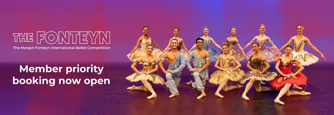 Promotional banner for The Fonteyn ballet competition with a group of dancers on a purple stage and Member priority booking now open text