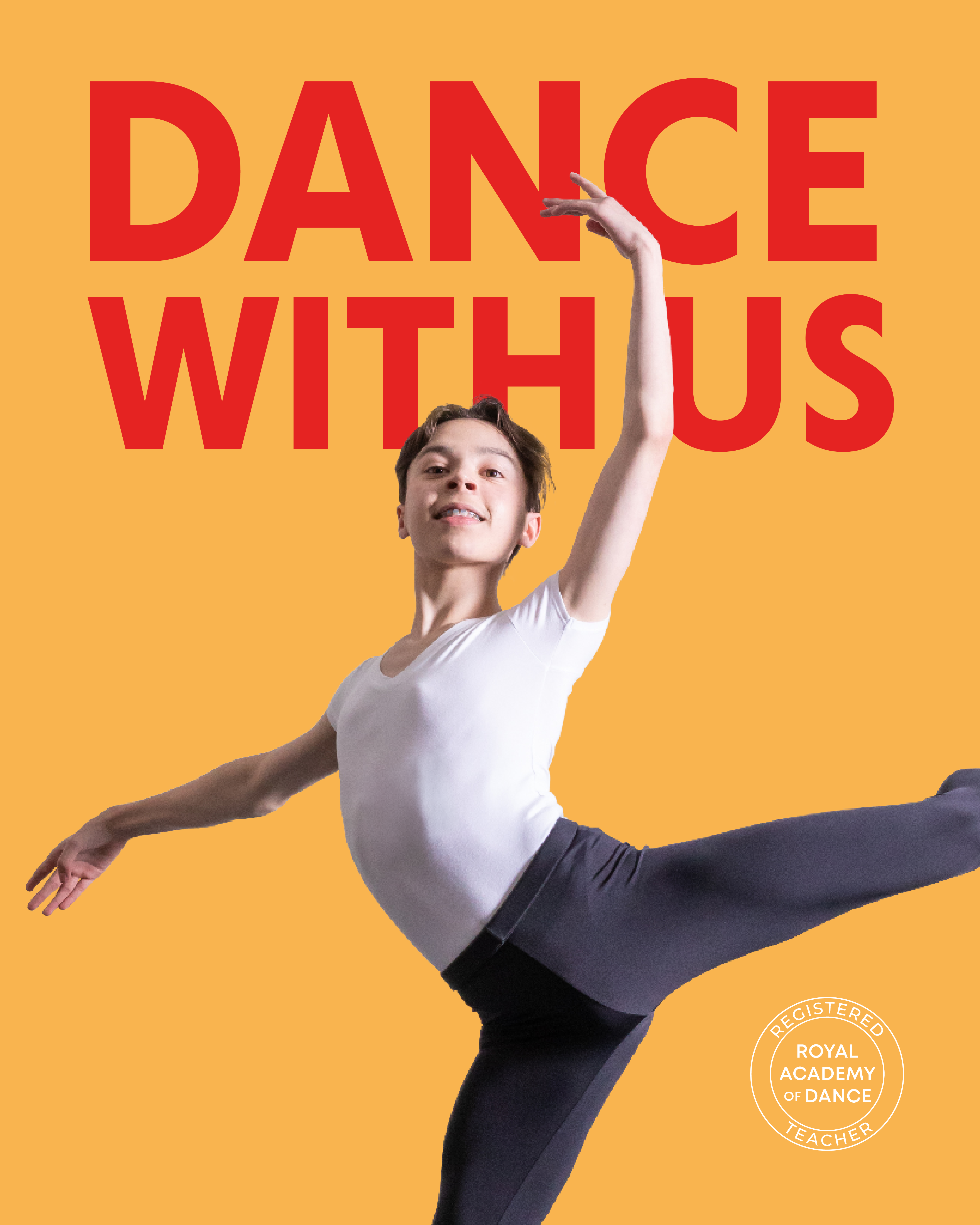 Dancer reaching upward in a white outfit against an orange background with large red DANCE WITH US text